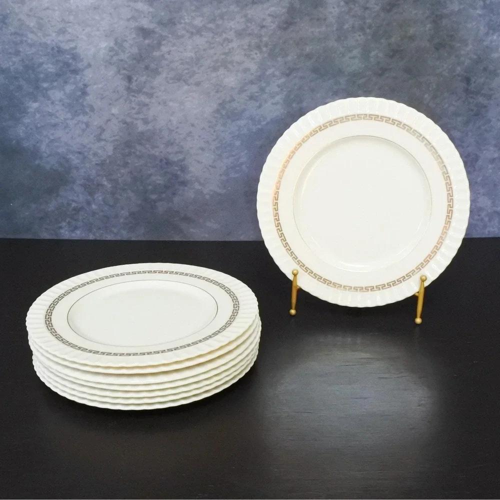 Vintage Lenox Mid Century Corinthian Gold Greek Key Ivory Salad Plate Set x 8